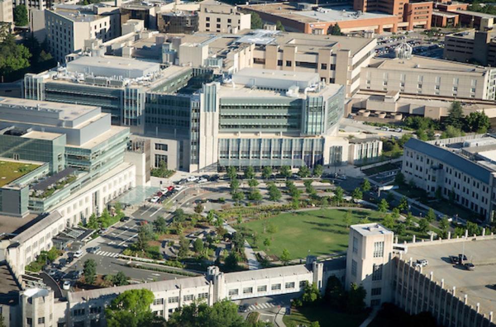 aerial view of Duke Cancer and Duke Health buildings