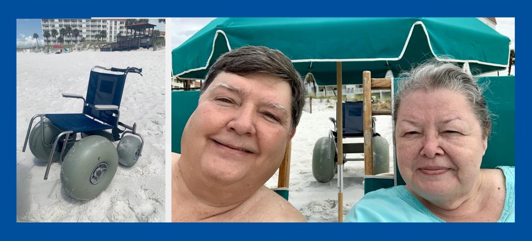 a beach wheelchair in the sand and a selfie of a man and woman at the beach underr a green umbrella