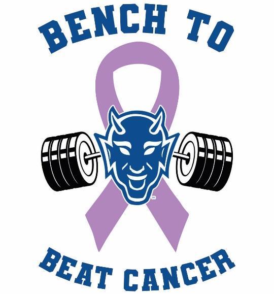 logo for Bench to Beat Cancer depicting a Duke Blue Devil face over a barbell and a purple ribbon 