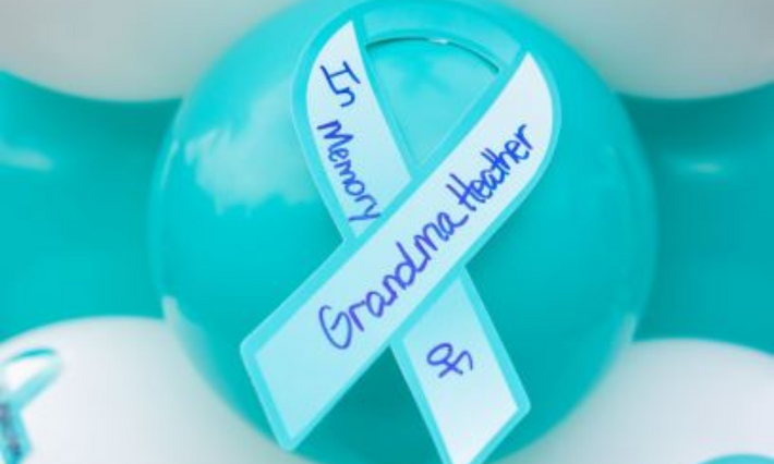 Balloon with ovarian cancer ribbon with text "In Memory of Grandma Heather"