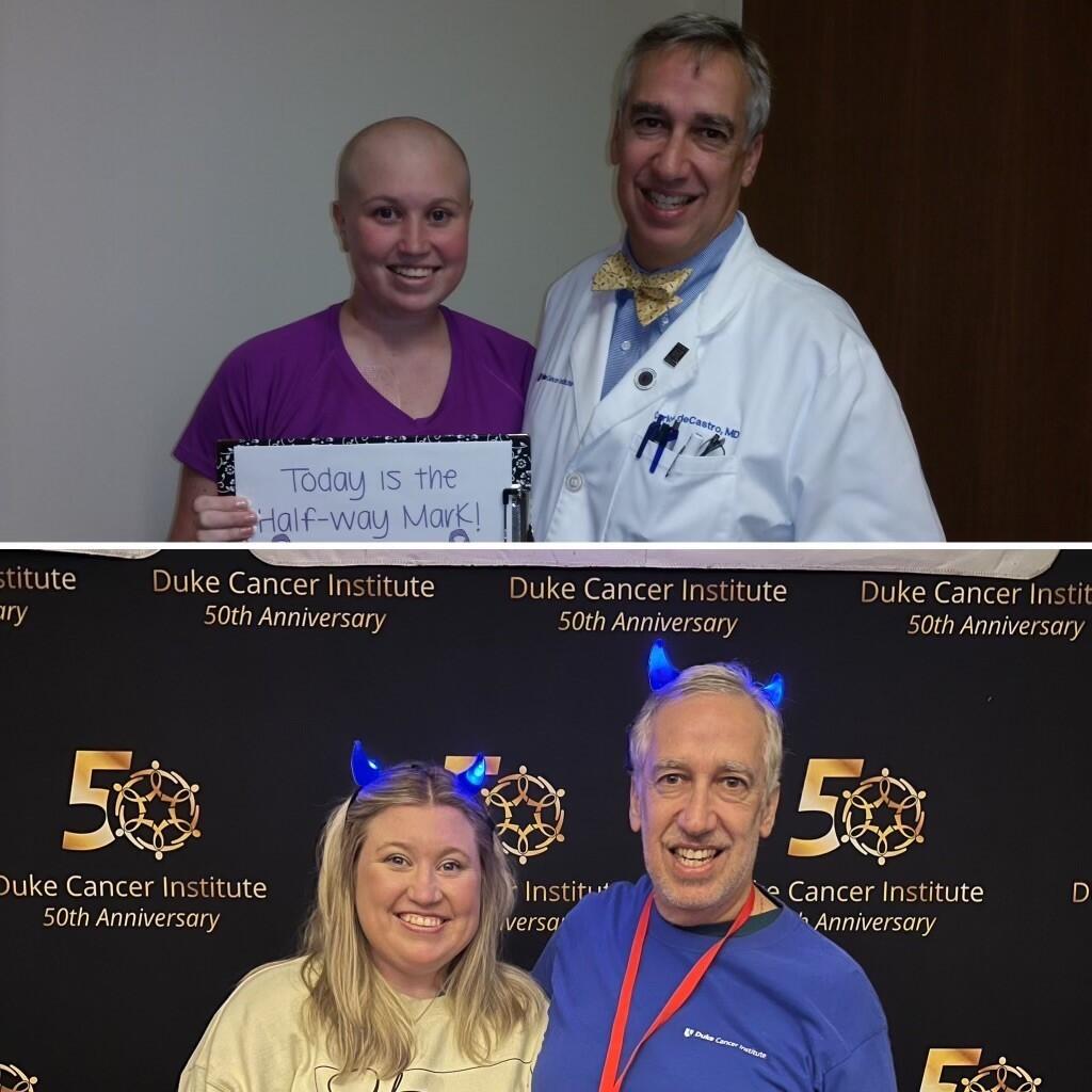 bald young woman holds a sign that says "today is my halfway mark" next to man in a white lab coat and again with the same man, this time with hair. The two wear blue horned headbands