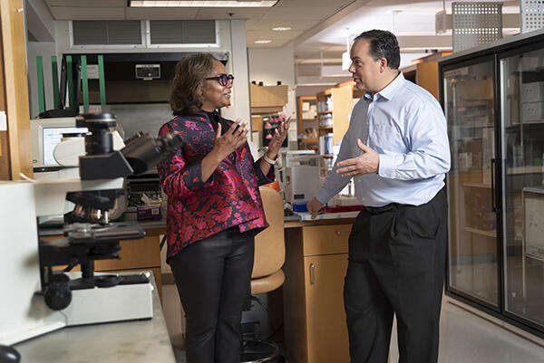 A woman and man gesture with their hands while talking in a laboratory. 