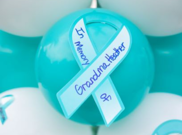 Balloon with ovarian cancer ribbon with text "In Memory of Grandma Heather"