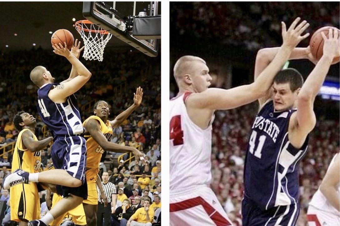 Aat left, Milos Bogetic jumps high and aims a basketball for the hoop, during a Penn State game. At right, he is holding the ball, playing defense.