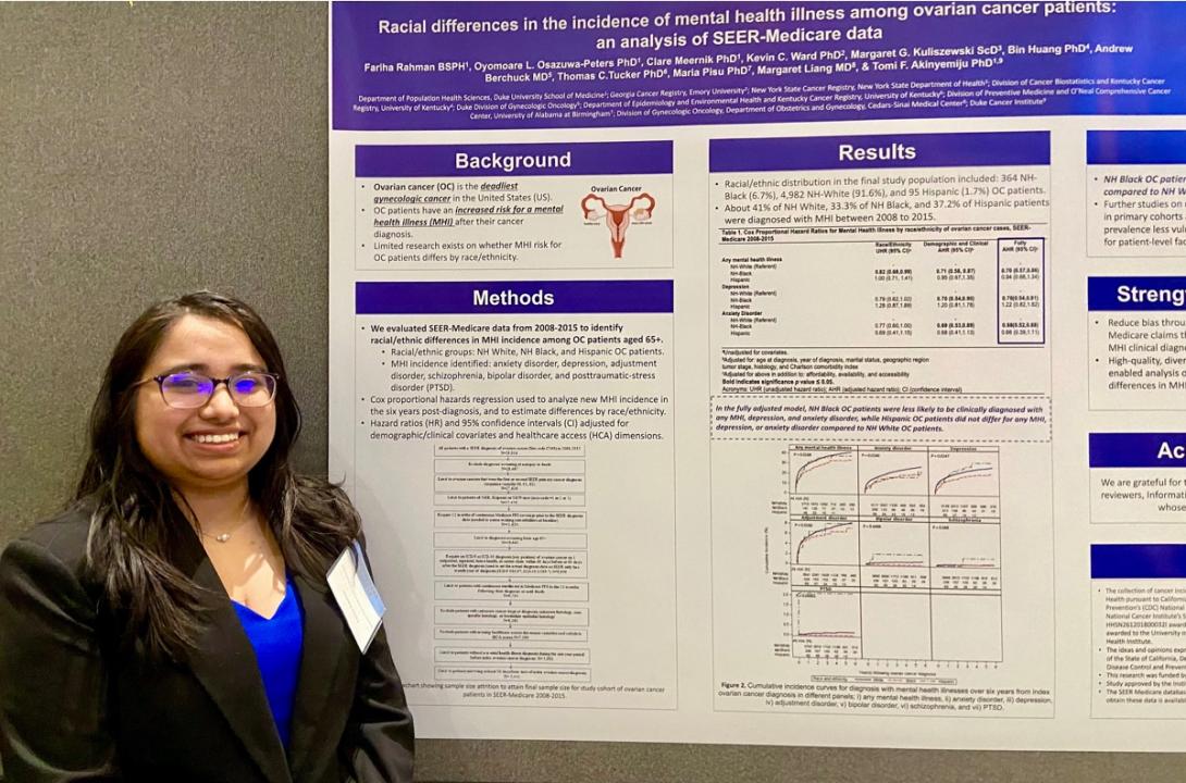 Fariha Rahman stands next to her poster presentation on "Racial Differences in the Incidence of Mental Health Illness Among Ovarian Cancer Patients"